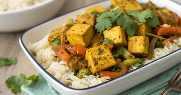 Tofu croccante alla curcuma con riso basmati e verdure
