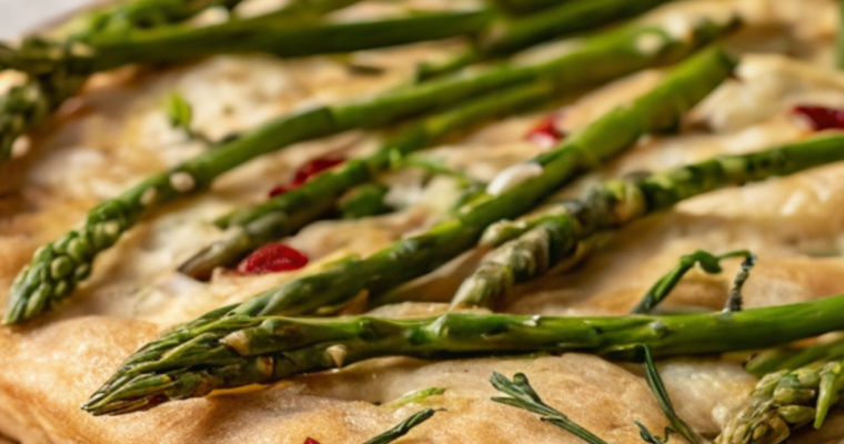 Focaccia con asparagi selvatici, cipolle e pomodori secchi