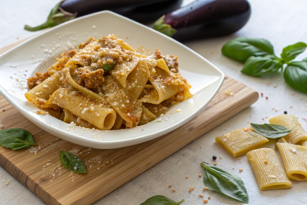 Paccheri con melanzane, pesto di pomodori secchi e tonno crudo