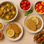 Dispensa organizzata con diverse preparazioni a base di seitan, tra cui spezzatino, scaloppine e spiedini, su un ripiano in legno chiaro.