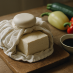 Un panetto di tofu al naturale pressato su un tagliere di legno, circondato da salsa di soia e verdure fresche.