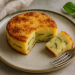 Sformato di patate e zucchine con una fetta tagliata, servito su un piatto di ceramica, accompagnato da una forchetta e un tovagliolo di lino.