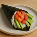 Temaki di sushi arrotolato a mano con alga nori, riso, pesce crudo e verdure su un piatto.