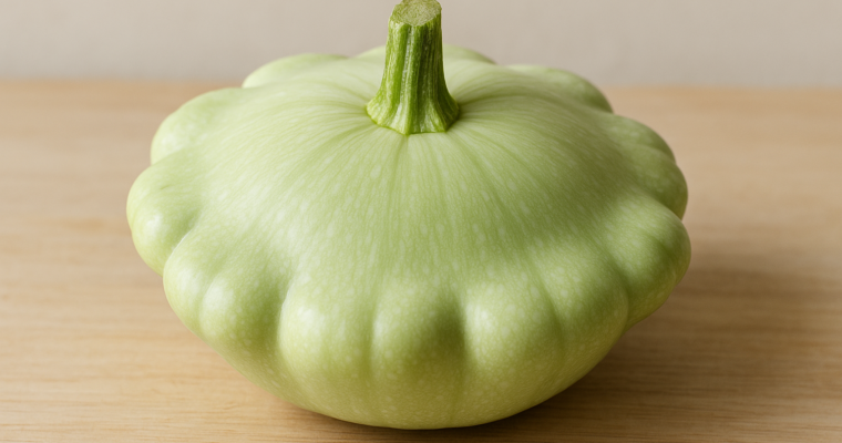 Zucchina patisson di colore verde chiaro, posizionata su una superficie di legno chiaro, che mostra la sua forma discoidale e il bordo festonato.