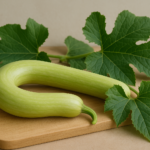 Una zucchina trombetta di Albenga fresca su un tagliere di legno chiaro.