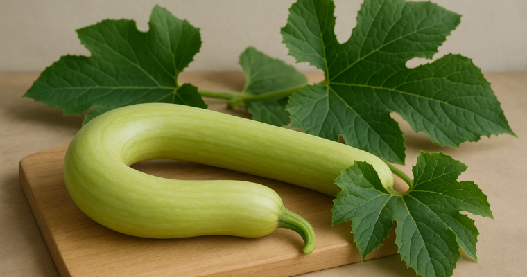 Una zucchina trombetta di Albenga fresca su un tagliere di legno chiaro.