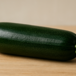 Zucchino nero di Milano fresco su superficie in legno chiaro, con buccia verde scurissima e lucida.