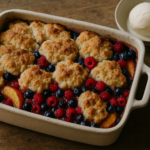 Cobbler di frutta con copertura dorata e pezzi di pesche e mirtilli, servito con gelato alla vaniglia.