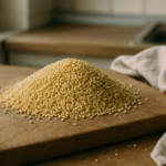 Chicchi di miglio decorticato tostati su un tagliere di legno con briciole e un canovaccio.
