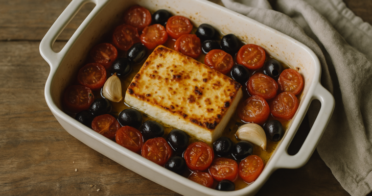 Pirofila con feta al forno circondata da pomodorini e olive, appena sfornata e dorata.