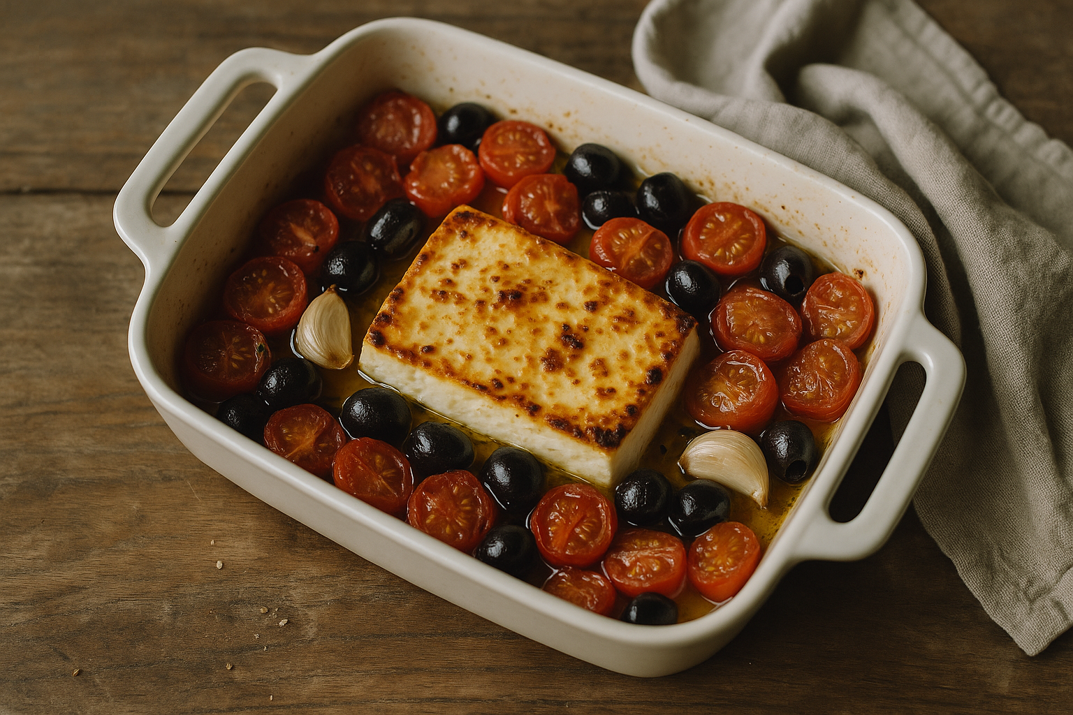Feta al forno con pomodorini e olive: la ricetta greca con cinque ingredienti
