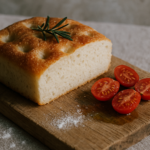 Focaccia piccola e spessa con fossette in superficie, decorata con rosmarino e pomodorini, su un tagliere di legno grezzo.