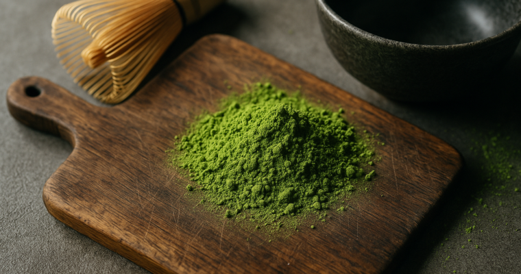 Polvere di matcha verde brillante con frustino di bambù e ciotola giapponese su un tagliere di legno.