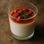 Bicchierino di panna cotta salata decorato con salsa di pomodorini e erba cipollina su un tavolo di legno.