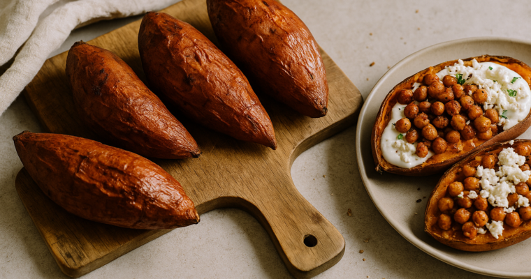 Patate dolci ripiene cotte al forno con ceci speziati, yogurt al lime e feta sbriciolata su un tagliere di legno.