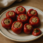 Peperoncini tondi ripieni di acciughe e capperi su un piatto di ceramica, con calottine e un canovaccio stropicciato sullo sfondo.