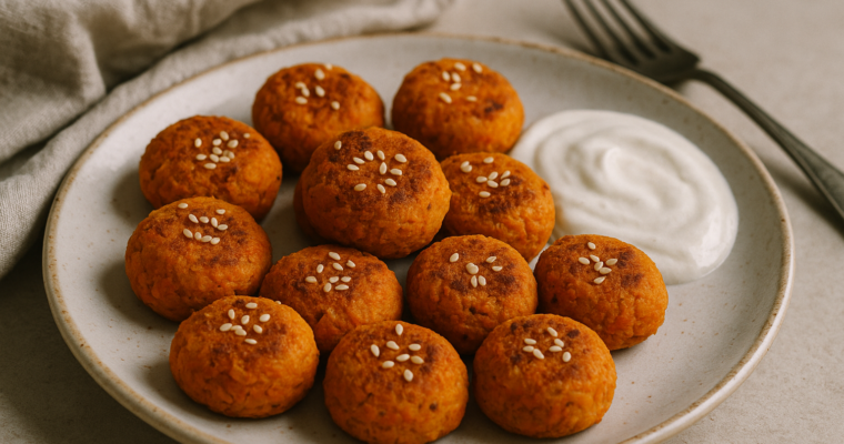 Polpette di carote dorate servite su un piatto bianco con salsa yogurt al limone a lato.