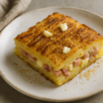 Fette di sformato di patate e prosciutto su un piatto, con superficie dorata e croccante, accompagnato da burro e pangrattato.