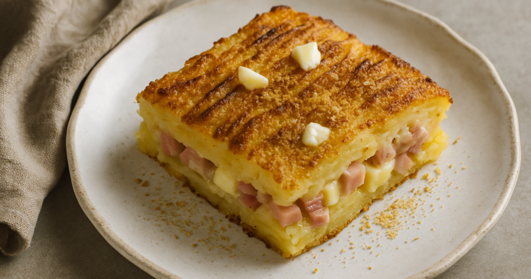 Fette di sformato di patate e prosciutto su un piatto, con superficie dorata e croccante, accompagnato da burro e pangrattato.