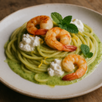 Spaghetti mantecati con crema di zucchine, gamberi e stracciatella su un piatto di ceramica, decorati con scorza di limone e menta.