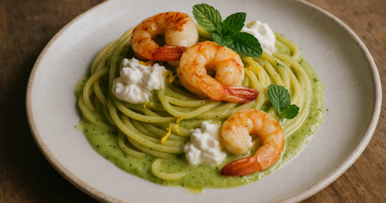 Spaghetti mantecati con crema di zucchine, gamberi e stracciatella su un piatto di ceramica, decorati con scorza di limone e menta.