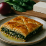 Una porzione di spanakopita tagliata a rombi su un piatto di ceramica, con sfondo di ingredienti freschi.