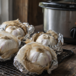 Teste di aglio bianco avvolte in carta da forno e alluminio, su una griglia in un ambiente rustico, con uno slow cooker sullo sfondo.