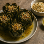 Carciofi alla siciliana ripieni disposti in piedi su un piano di legno, con un fondo di cottura visibile e una ciotola di ripieno a fianco.