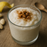 Bicchiere di granita di mandorle con decorazione di cannella e mandorle pralinate.