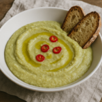 Piatto di macco di fave servito con olio extravergine di oliva e peperoncino, accompagnato da fette di pane tostato su un tavolo di legno.