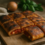 Scaccia ragusana tagliata a quadrati, con ripieno di pomodoro e caciocavallo, su un piano di legno con ingredienti freschi in sfondo.