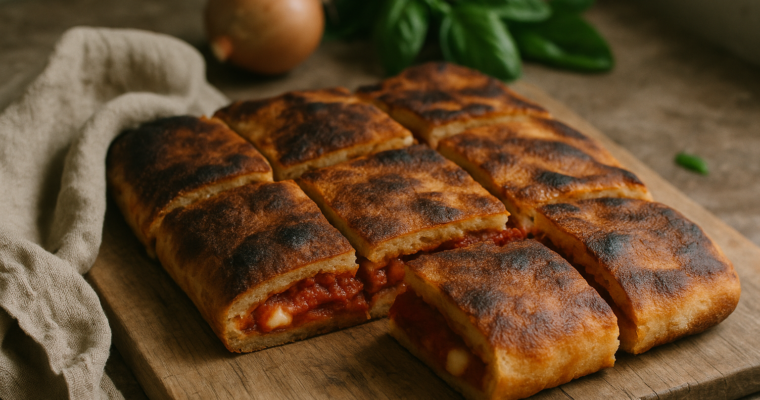 Scaccia ragusana con pomodoro e caciocavallo
